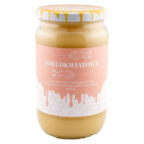 Miód wielokwiatowy w słoiku 1300g – łagodny, kwiatowy smak, naturalny i zdrowy, dostępny w sklepie Rarytasy Dolnośląskie.