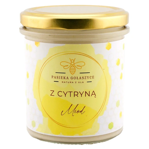 Miód rzepakowy z cytryną 430g – naturalny, orzeźwiający smak, idealny do herbaty i lemoniady, dostępny w sklepie Rarytasy Dolnośląskie.